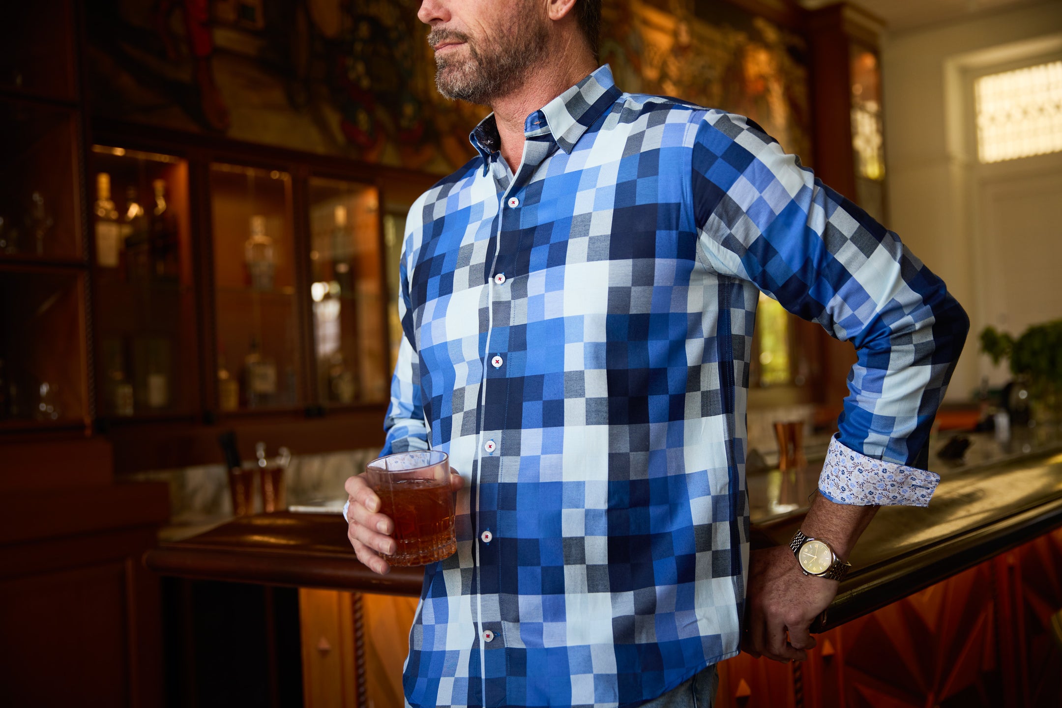 Long Sleeve Blue Checkered With Accent Cuff