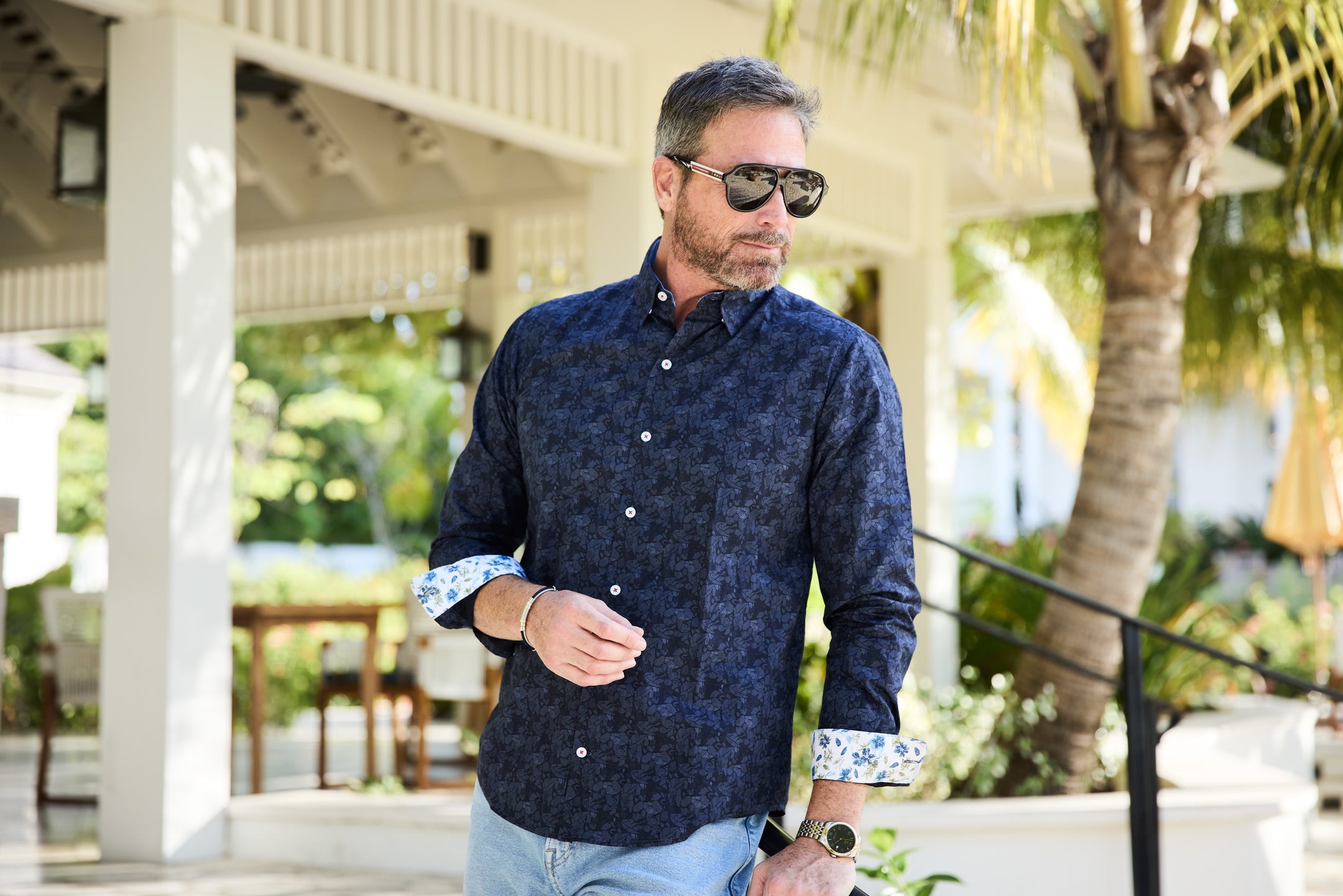 Long Sleeve Navy Floral with Accent Cuff